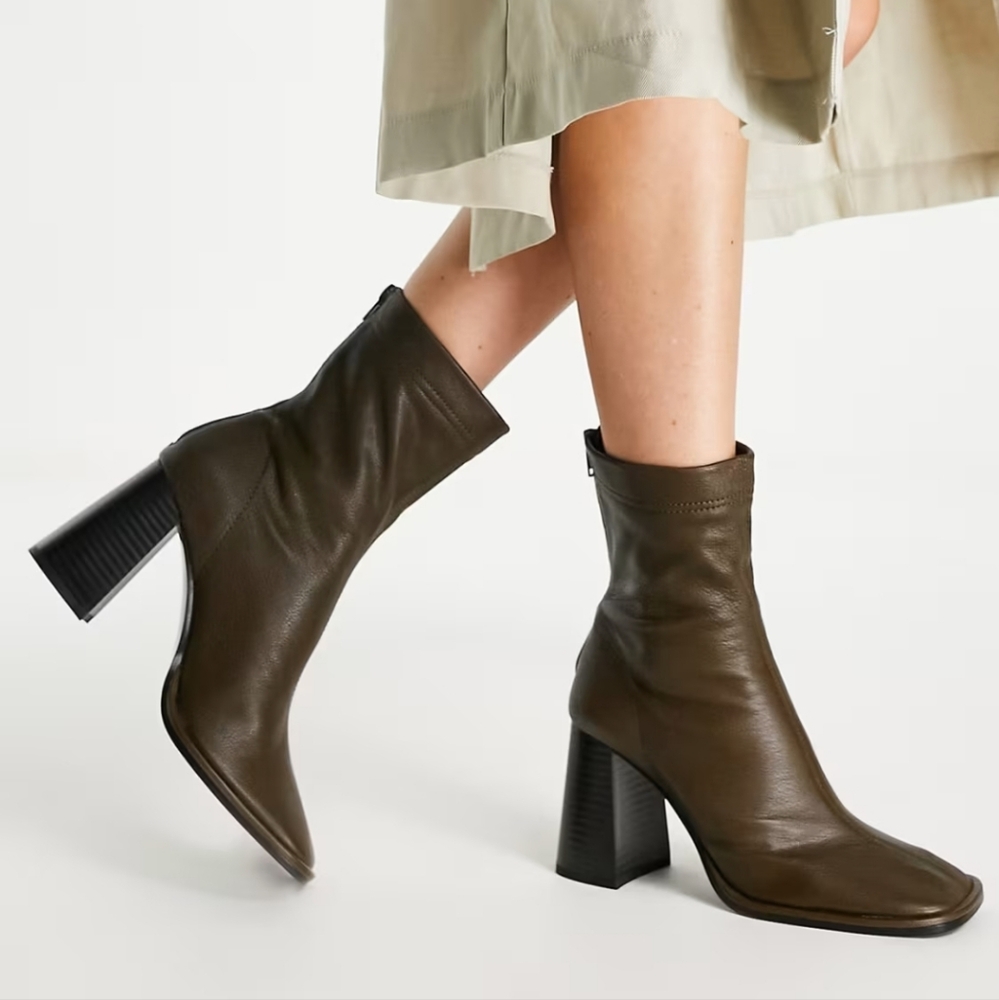 Mango leather heeled ankle boots in khaki Size 36/6